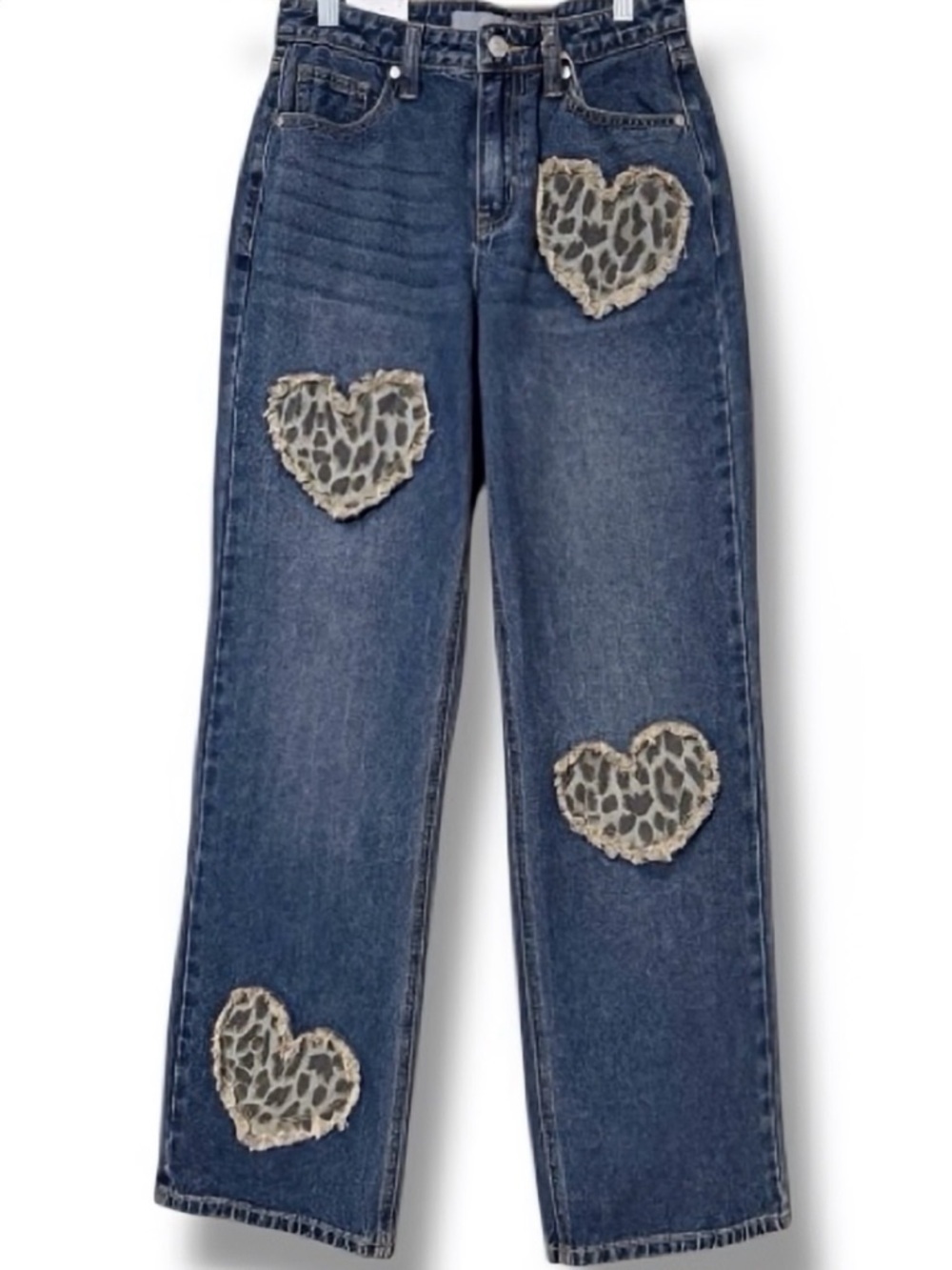 NWOT Cali 1850 Animal Print Heart Patch Straight Leg Jeans Junior’s Size 5 - Picture 2 of 16